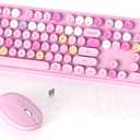 Colorful Wireless Keyboard and Mouse Combo, COVEVA 2.4GHz Wireless Retro Cute Round Keycaps Keyboard, 104 Keys Full-Sized Keyboard Mouse Set with Switch Button for PC Laptop Desktop (Pink Colorful)