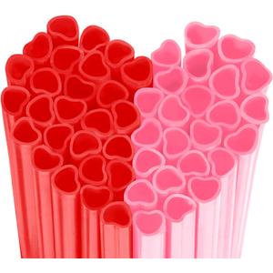 50Pcs Plastic Heart Shaped Straws, Disposable Fun Drinking Straws for Valentine's Day Wedding Bridal Shower Birthday Party Decor (Pink&Red)