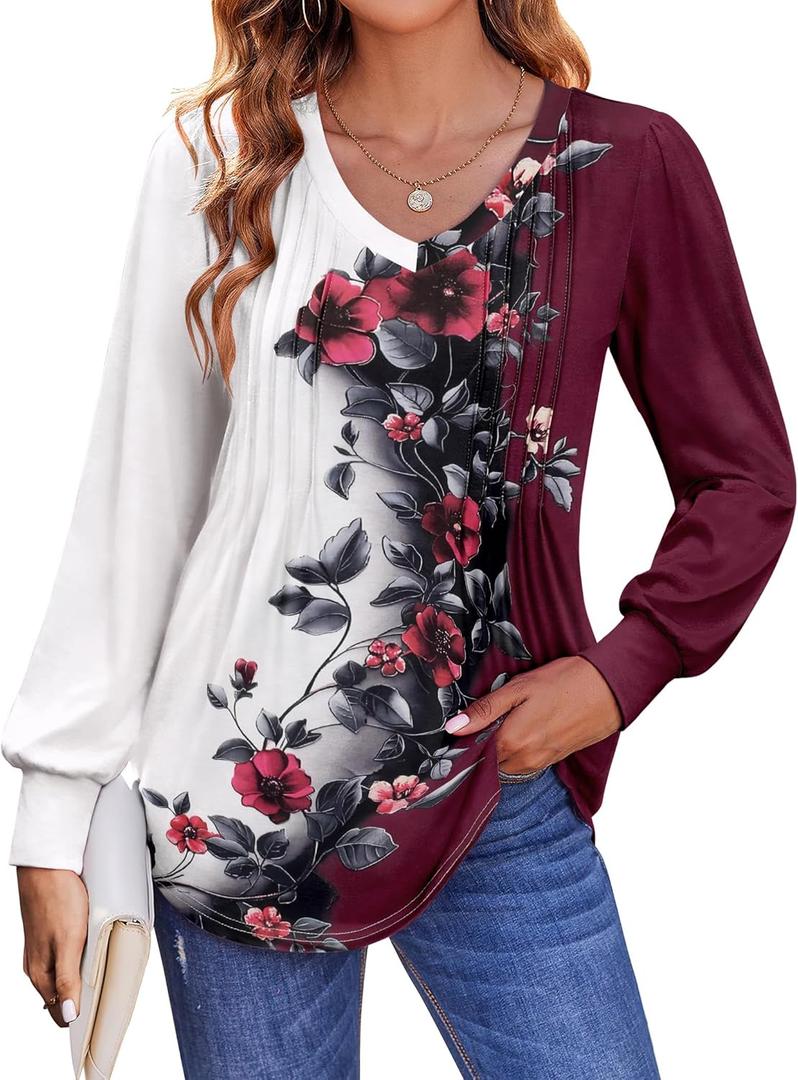 Zeagoo Women's Puff Long Sleeve Shirts Pleated V Neck Fall Tunic Tops Blouse Dressy Casual Summer T-Shirts (Bf183), XL