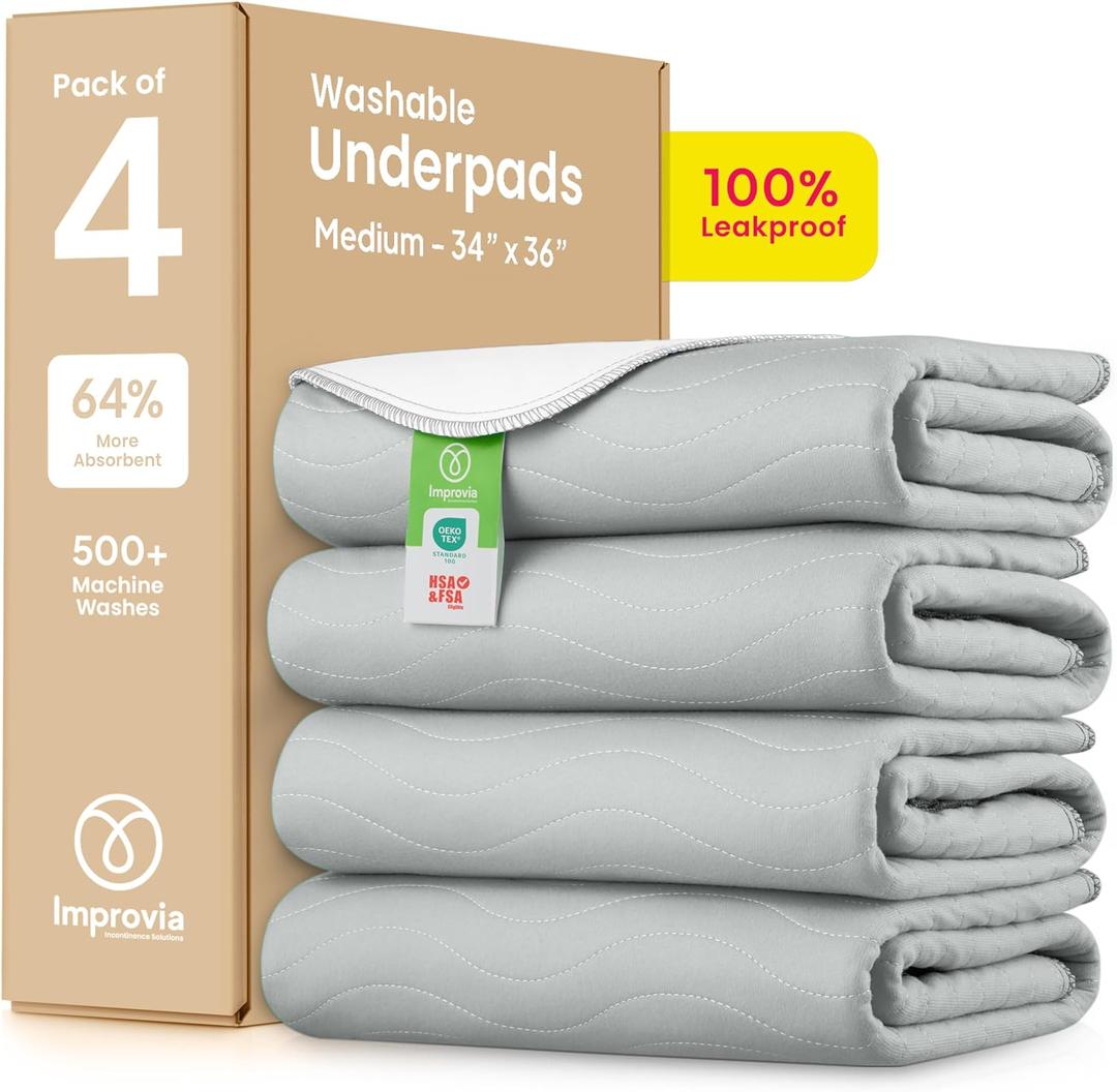 IMPROVIA Washable Underpads 34" x 36" Pack of 4 Heavy Absorbency Reusable Bedwetting Incontinence Pads for Adults, Kids, & Pets - Waterproof Protective Pad for Bed, Couch, Sofa, Floor (Gray & White)