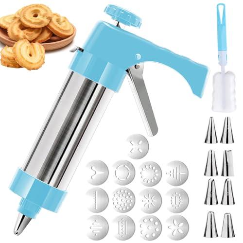 Hendiy Cookie Press, Cookie Press Gun Kit Stainless Steel Cookies Maker with 13 Cookies Discs and 8 Piping Tips for Baking