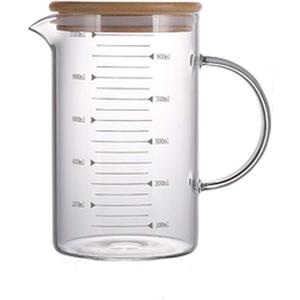 1L Glass Measuring Cups Jugs with Lid Large Measuring Pitcher Beaker Measured Mug Measure Liquid Milk Glass Cup Clear Scale with Spout& Insulated Handle,for Hot/Cold Fluid