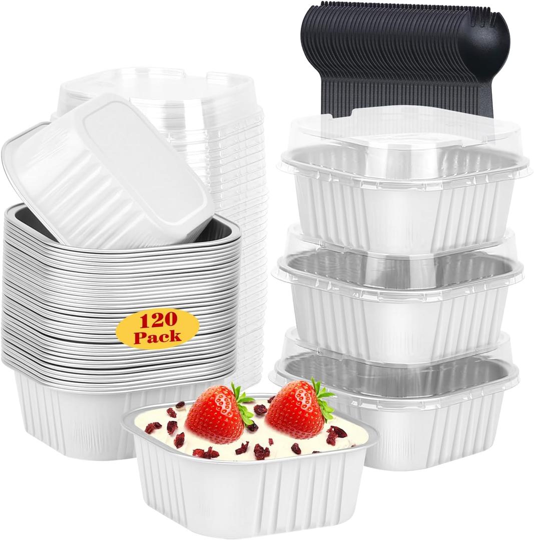 LNYZQUS 120pack/10oz Mini Cake Baking Pans with Lids, 4X4 Small Cake Pan Foil Brownie Tins, Square Disposable Ramekins Cupcake Baking Cups Dessert Cheesecake Containers-White