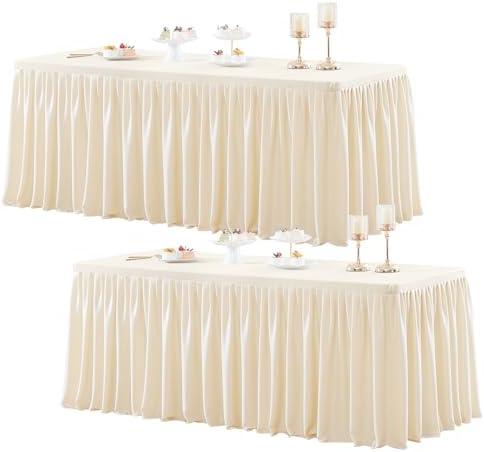2 Packs Light Champagne Polyester Table Clothes for 8 Foot Rectangle Tables, Wrinkle Free Fitted Table Cover 8ft Stretch Tablecloths with Skirt for Parties Weddings Birthday Banquet Baby Shower