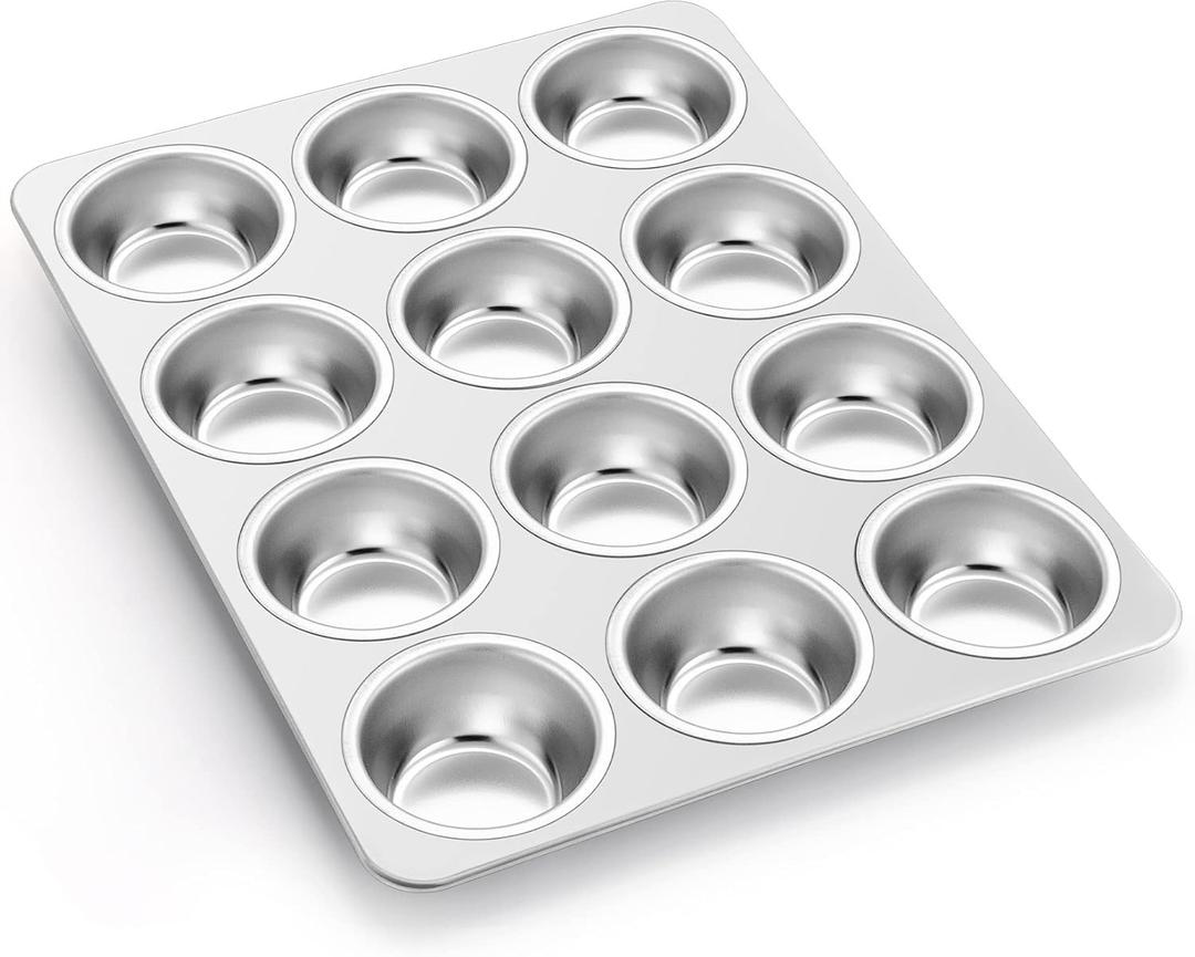 P&P CHEF Muffin Pan Cupcake Baking Pan Set, Stainless Steel Muffin Tin Tray for Mini Cake Tart Quiche, Oven & Dishwasher Safe, Non-toxic & Heavy-duty, (12 Cup, 1Pc)