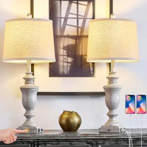 SAIWEYA 23" Farmhouse Table Lamps Set of 2, 3 Way Dimmable Lamps with 2 LED Bulbs and Rocker Switch, Vintage Nightstand Lamp for Bedroom Living Room Office End Table Entryway, Antique Grey