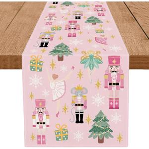 Pink Table Runner Pastel Christmas Nutcracker Table Runners Seasonal Kitchen Dining Table Decoration for Winter Home Party Banquet Decor 13x90 Inch
