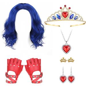 7 Sets Halloween Princess Costume Set Blue Wig Crown Heart Necklace Earring Gloves for Halloween Cosplay Accessories