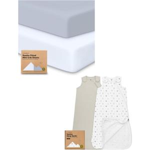 Keababies Pack and Play Sheets Fitted, 2-Pack Mini Crib Sheets and 2-Pack Sleep Sacks, 100% Cotton - Fitted Crib Sheet for Pack and Play Mattress - Wearable Blanket Baby Sleeping Sack, Swaddle Sack