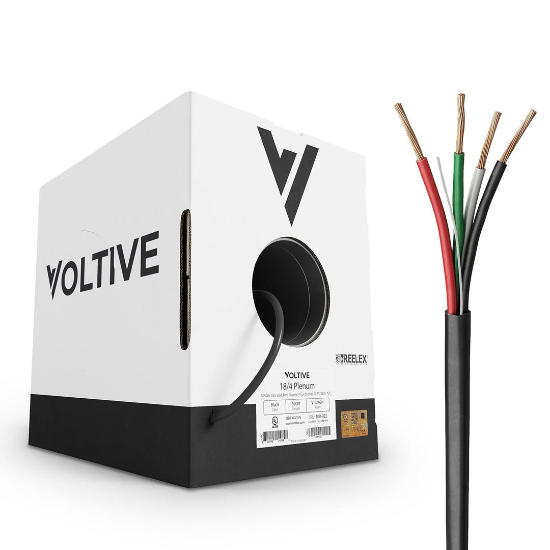 Voltive 18/4 Low Voltage Wire, Plenum CL3P, Black, 500ft - 18AWG, 4 Conductors, Stranded Bare Copper, UL Listed - V-1246-1