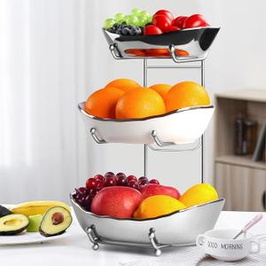 LIJINGCHEN Fruit Bowl for Kitchen Counter, 3 Tier Ceramic Fruit Basket, Modern Multi Layer Fruit Display Stand, Dessert Holder for Kitchen Countertop, Large Capacity Serving Holder for Party(Sliver)