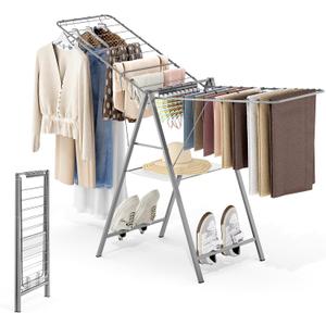APEXCHASER Drying Rack Clothing, Clothes Drying Rack Foldable, Metal Laundry Drying Rack Collapsible for Sweater Towel Indoor & Outdoor, Height Adjustable Gullwing Clothes Airer, Grey, Large