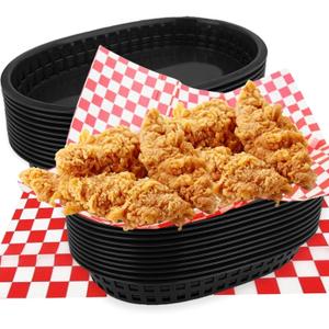 18 Pack Plastic Fast Food Baskets with 100 Sheets, 10.5 x 7 Inch Oval Food Baskets and Liners Reusable Chip Basket for Burgers, Sandwiches, Barbecues Serving Black