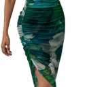 LIGHT DOT Women's Spaghetti Strap Printed Bodycon Ruched Midi Cocktail Dress Sexy Cowl Neck Tie Dye (Green, L)