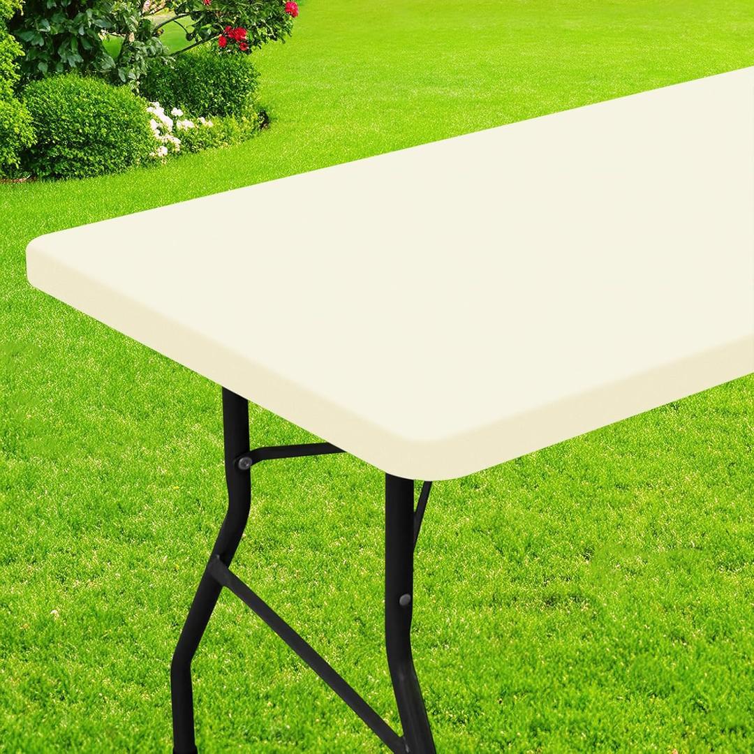Smiry Rectangle Picnic Table Cloth, Waterproof Elastic Fitted Tablecloths for 6 Foot Tables, Washable Polyester Table Cover for Camping, Indoor and Outdoor (Beige, 30"x72")