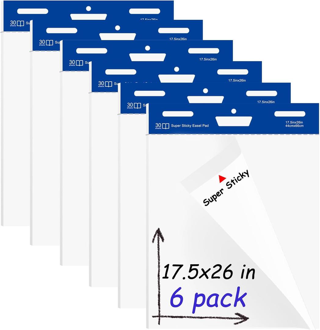 6 Pads/Pack White Super Sticky Easel Pad,17.5 in x 26 in 30 Sheets/Pad,Flip Chart Paper with Sticky Back,Great for Teachers and Students
