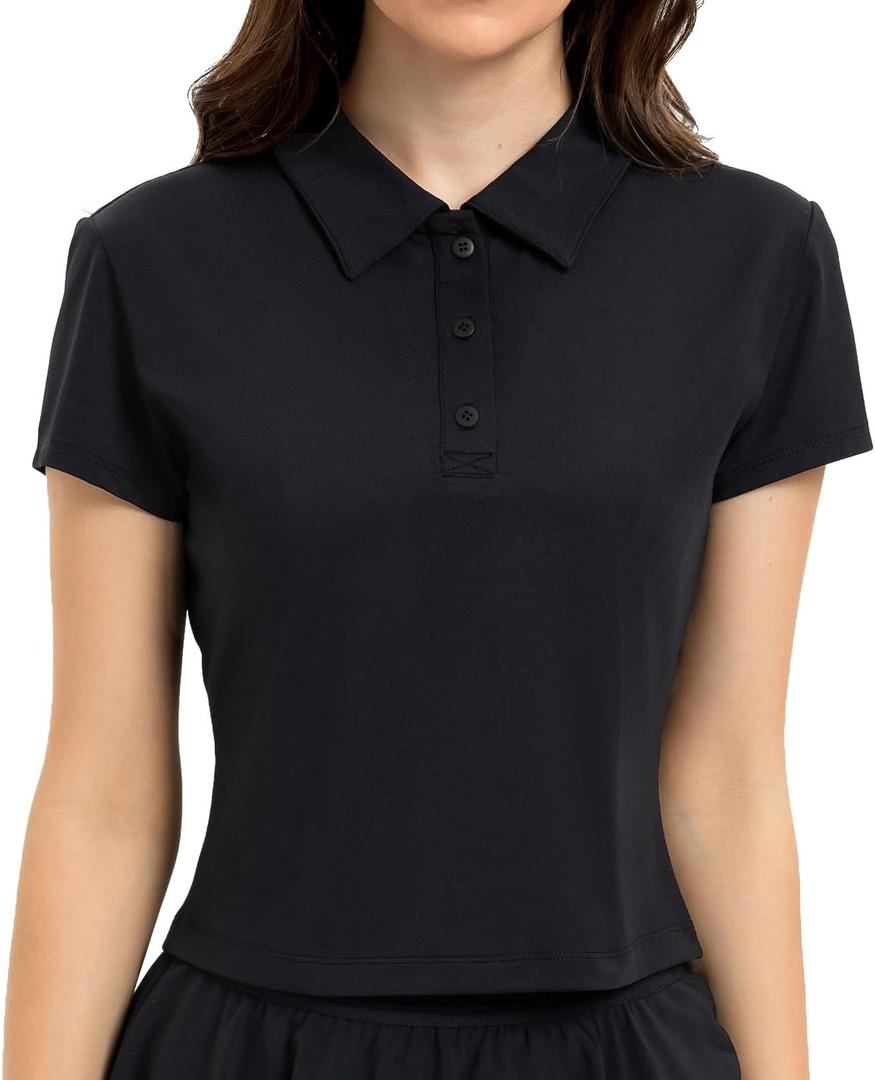Women's Cropped Polo Shirts Athletic Golf Tennis Shirts Short Sleeve Moisture Wicking Collared Sports T-Shirts, Medium