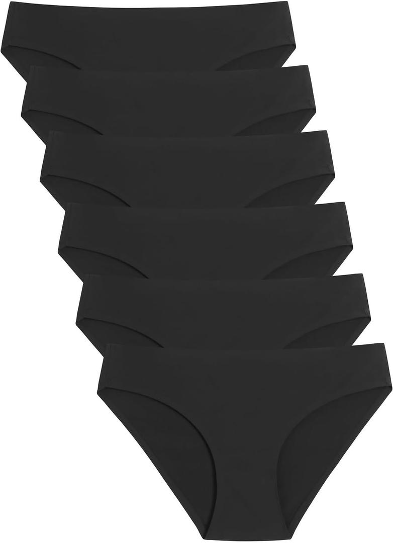 Caterlove Women's Seamless Underwear No Show Stretch Bikini Panties Silky Invisible Hipster 6 Pack (Black, M)