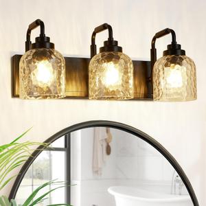 WJShome 3-Light Black Bathroom Vanity Light, Modern Vanity Lighting Fixture for Bathroom, Coastal Vanity Lights with Crystal Glass Shade, for Mirror Bedroom Hallway
