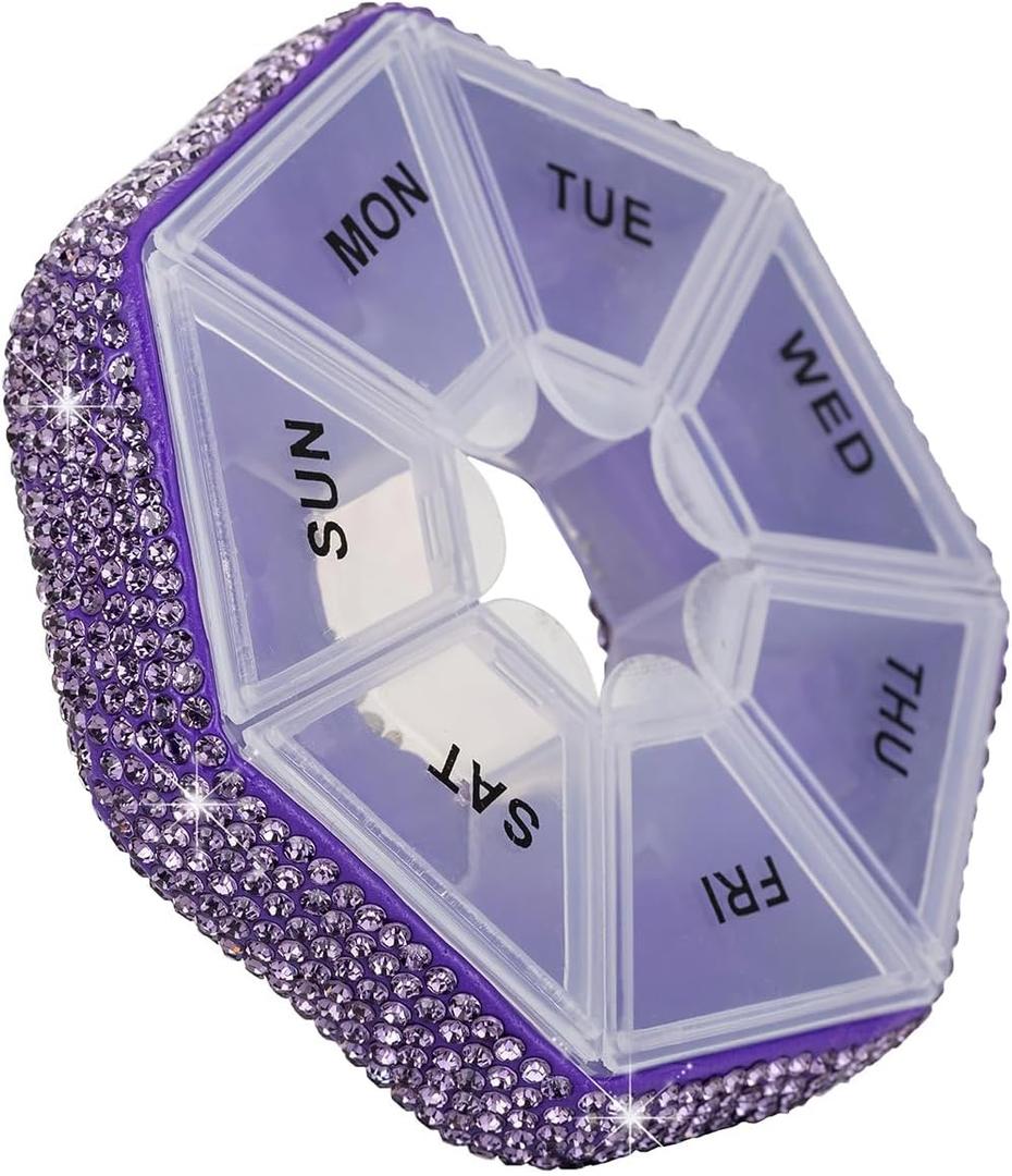 Round Pill Organizer Small Weekly Pill Case for Purse Bling Cute Medicine Pill Box Compact Vitamin Container 7 Day Daily Pill Holder Planner(Purple)