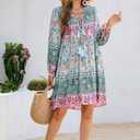 R.Vivimos Womens Long Sleeve Floral Casual Print Cotton Mini Tunic Dress (Green, M)