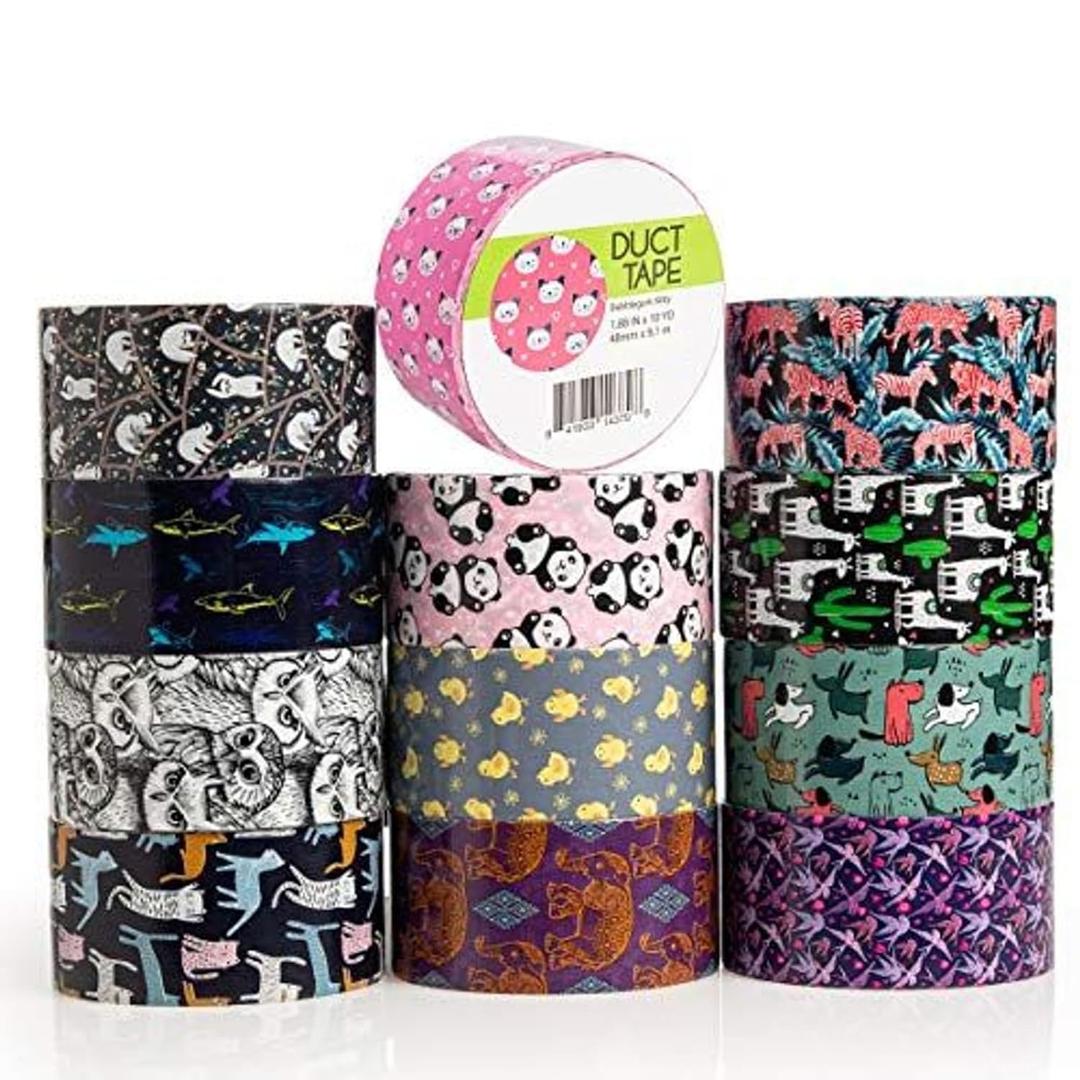 Simply Genius 12-Pack Decorative Duct Tape Rolls - 1.88 in x 10 yd - Assorted Colors & Patterns Checkered & Animal Prints - Heavy Duty Waterproof Duct Tape Strong Adhesive for Repair & Crafts