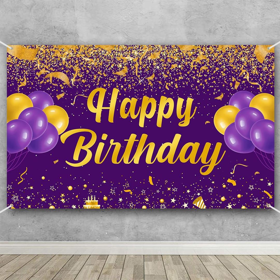 Trgowaul Happy Birthday Banner, Purple Gold Party Decor, Kids Men Women Gifts, Photo Booth Background 70.8*43.3''