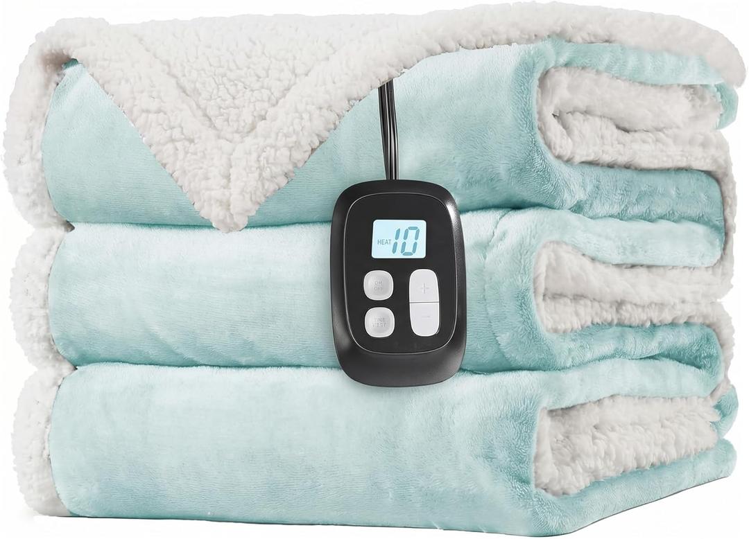 LaffyLo Electric Heated Blanket Full Size 72 x 84, Fast Heating Blanket, Dual-Sided Flannel Sherpa, 10 Heat Settings, 1-12 Hour Auto Off, Machine Washable, Light Green