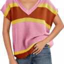 Saodimallsu Womens Cap Sleeve Sweater Vest Top Summer Color Block Loose Knit Going Out Shirts (Large, Pink)