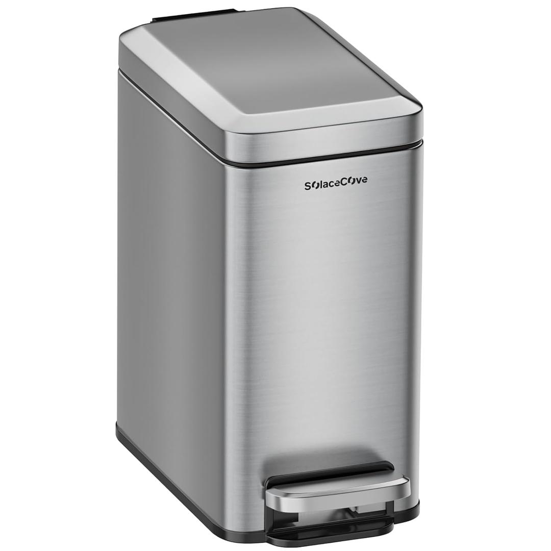 Slim Bathroom Trash Can with Lid Soft Close, Step Pedal, 6 Liter / 1.6 Gallon Stainless Steel Trash Bin, Small Garbage Cans for Bedroom, Office, Kitchen