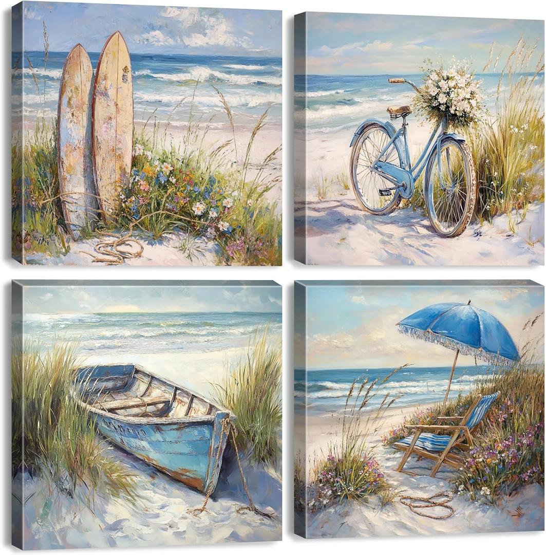 Coastal Beach Landscape Wall Art Nautical Themed Bathroom Decor Rustic Bike Boat Surfboard Wall Decor for Living Room Abstract Nature Coast Seascape Canvas Picture Beachy Home Decorations 12x12" 4Pcs 