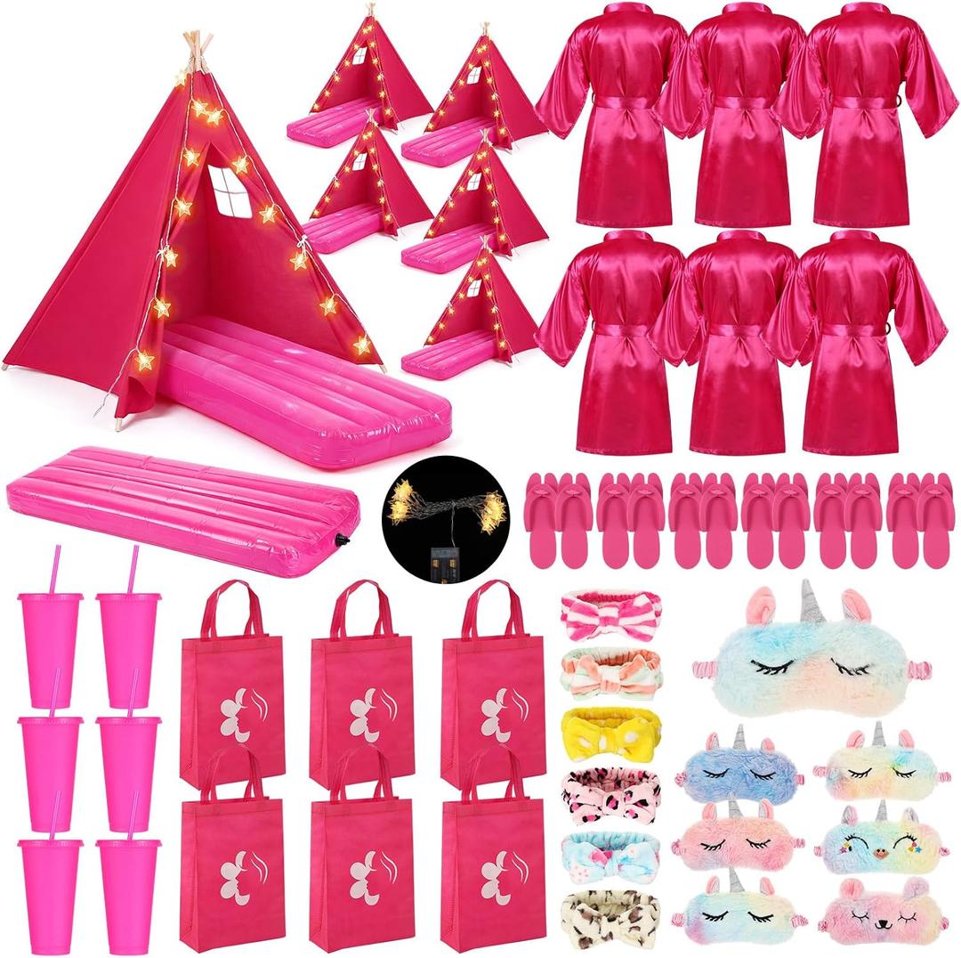 Slumber Party TeepeeTent, Basic, 6 Rose Red, 6 Set
Inflatable Mattress, LED String Lights, Mask Bags Slippers, Sleepover Kit for Girls Birthday Spa Party, Indoor Outdoor Favors