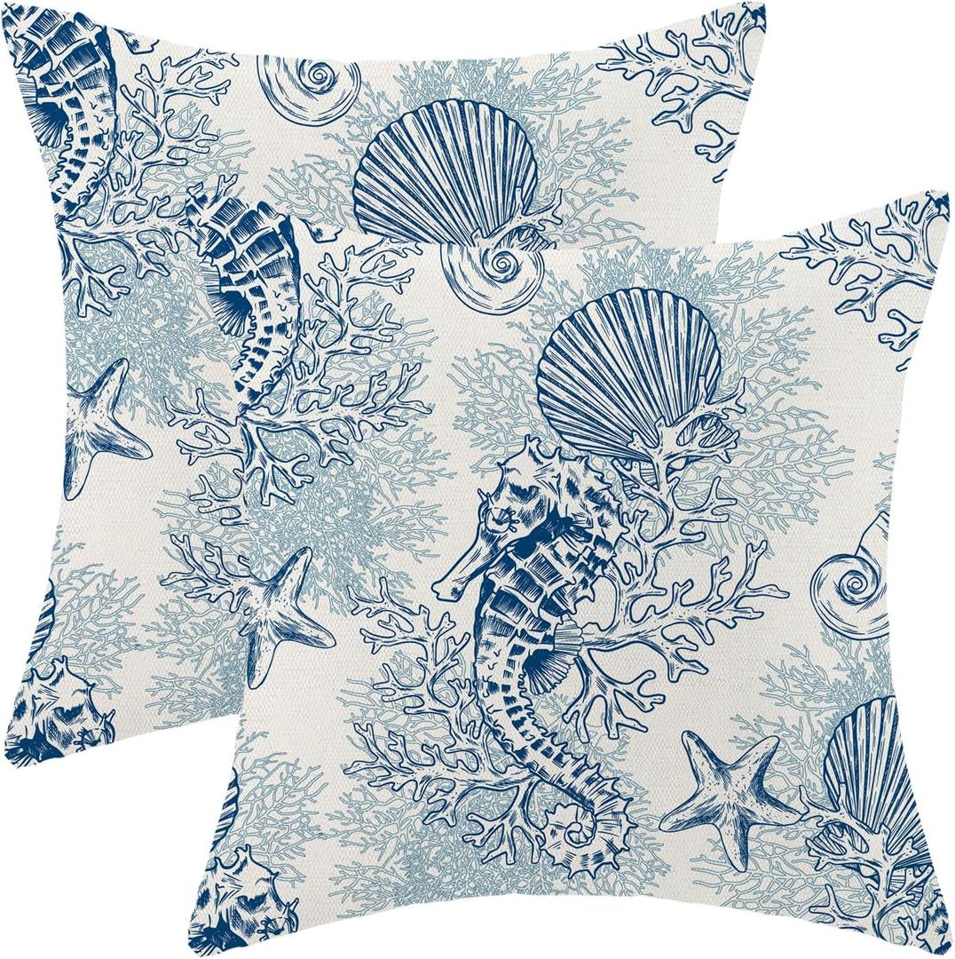 Summer Coastal Pillow Covers 18x18 Set of 2, Blue Beach Nautical Ocean Theme Seahorse Coral Seashell Starfish Throw Pillows Outdoor Cushion Case Decorations for Home Couch Sofa