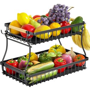 2 Tier Fruit Basket with 4 Banana Hangers, Premium Detachable Fruit Bowl for Kitchen Counter, Large Capacity Fruit Holder Stand Countertop Organizer for Bread Snack Produce Storage