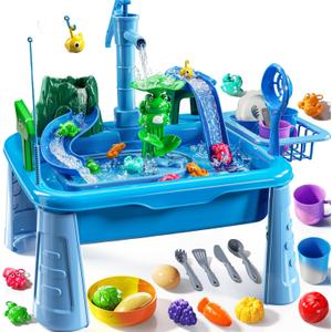 Water Table Play Sink Toy for Kids 2 3 4 5 6 Years Old - Outdoor Kitchen with Running Water, Fishing Games, Toddler Water Play Table for Kids Ages 3-8, Beach Outdoor Toys, Summer Gifts