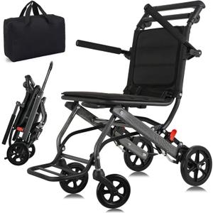 Ultra-Light Transport Wheelchair (only 15lb), Folding Portable Wheelchair with Hand Brake, Trolleys for Elderly Aircraft Travel, Wheelchairs for Adults (with Bag) (with Telescopic Handle)