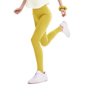 PATPAT Girls Athletic Leggings with Pocket, Buttery-Soft & Ultra-Stretchy Yoga Pants for Running Dance Workout Casual, Skinny-Bottom (Regular), Ginger, US12/L (Yellow)