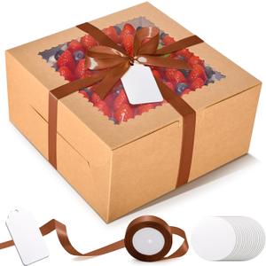 32Pcs 10 Inch Cake Boxes with Cake Boards (16Pcs Brown Cake Boxes, 16Pcs Cake Boards), 10x10x5 Inch Bakery Boxes with Window, Cake Carrier Container for Birthday Party, Wedding
