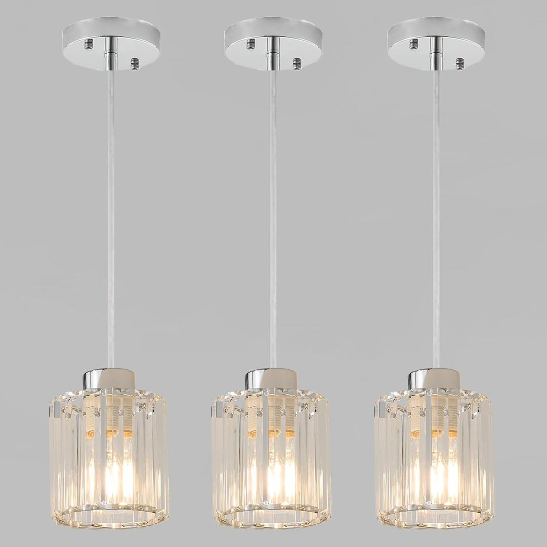 Silver 3-Pack Pendant Lighting for Kitchen Island, Hanging Light Fixture for Ceiling, Farmhouse Dining Room Lights for Bedroom, Hallway, Kitchen Island Lighting, E26 Base, Bulbs Not Included (1 Light Black Strip Glass 3 Packs)