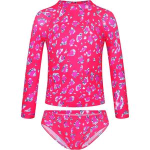 TENVDA Girls Swimsuit Long Sleeve Rash Guard Sets UPF 50+ Two Piece Bathing Suits Size 3-12 Years (Hotpink Leopard)