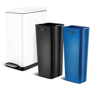 Home Zone Living 13 Gallon Slim Kitchen Trash Can with Dual Compartments for Recycling, Stainless Steel, White, 50 Liters Total