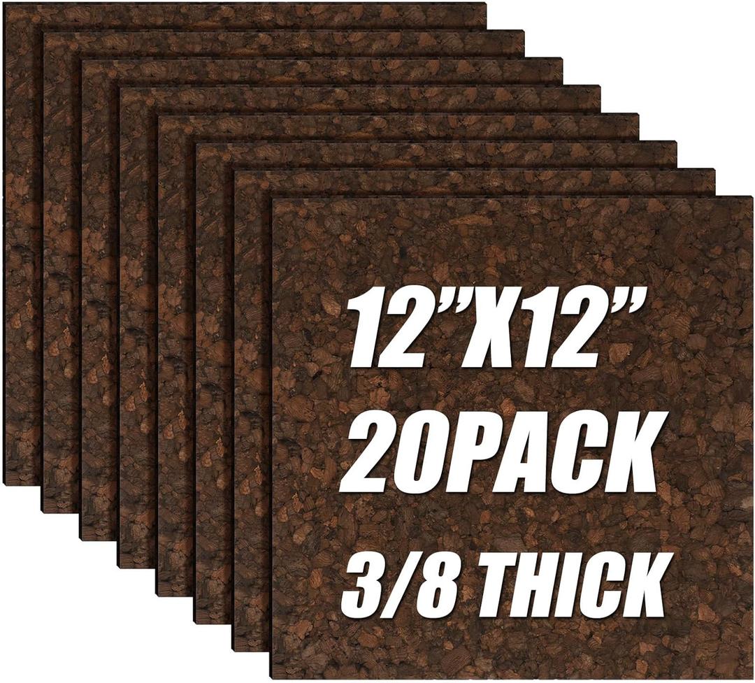 20 Pack Natural Cork Board Tiles 12" x 12" x 3/8'' Thick Dark Brown Corkboard Square Bulletin Board Wall Tiles for Pinning Photo Notes DIY Panels for Home Office Classroom Decor