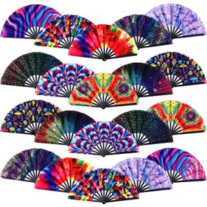 20 Pcs Rave Fans Bulk Large Folding Hand Fans with Plastic Ribs for Men Women, Chinese Japanese Rainbow Handheld with Fabric Case for Drag Queen Dance Club Music Festival Party(Innovative)