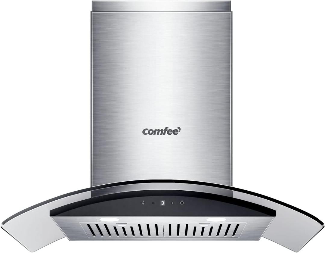 COMFEE' Curved Glass Range Hood 30 Inch 450 CFM 3 Speed Gesture Sensing &Touch Control Panel Stainless Steel kitchen Ductless/Ducted Convertible with Baffle Filters and 2 LED Lights (CVG30W9AST)