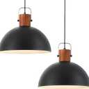 ELYONA 2 Pack Large Ash Wood Hammered Pendant Light Fixtures 16 Inch Metal Dome Ceiling Hanging Lamp, Industrial Kitchen Island Pendant Lighting for Farmhouse, Dining Room,Living Room, Black