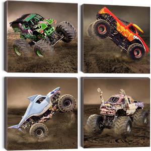 Deveosa 4PC Truck Poster Car Pictures Themed Canvas Prints Men Playroom Vehicle Painting Wall Art Room Décor Framed For Little Boys Bedroom