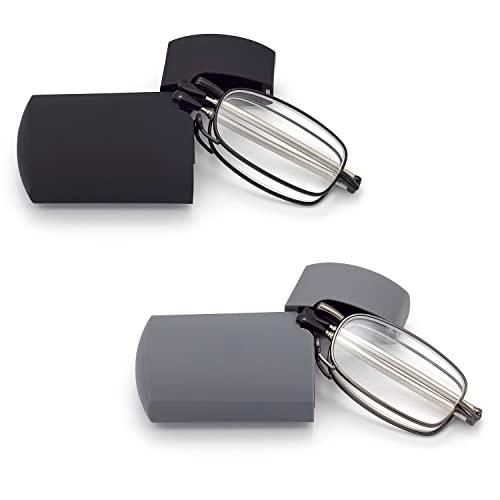 HIGHLIKE 2-Pack Hard Cases Folding Reading Glasses, Pocket Wallet Purse Compact Spring Hinge Readers, Transparent Clear Lens Black Gunmetal 1.75 x