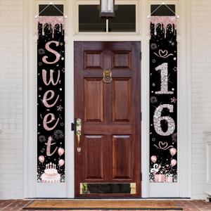 MEHOFOND Sweet 16 Porch Banner Birthday Welcome Door Banner for Girls Rose Gold Happy 16th Birthday Indoor Outdoor Decor Girl Sweet Party Supplies