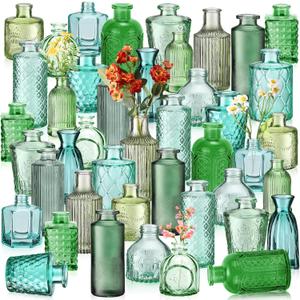 Yaomiao 60 Pcs Vases Bulk Colored Flower Glass Vases Bud Vintage Colored Glass Bottles Colorful Rustic Embossed for Valentine's Day Home Wedding Table Decorations Gifts(Green Series)