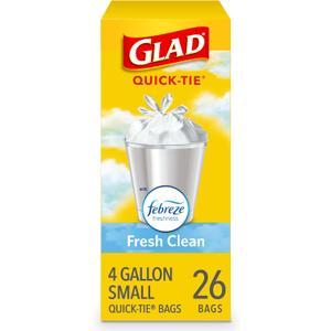 Glad OdorShield Small Trash Bags, Febreze Fresh Clean, 4 Gal, 26 Ct (Package May Vary)